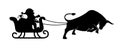 Santa Claus rides in a sleigh pulled by a bull. Symbol of the new year 2021. Silhouette on a white background.